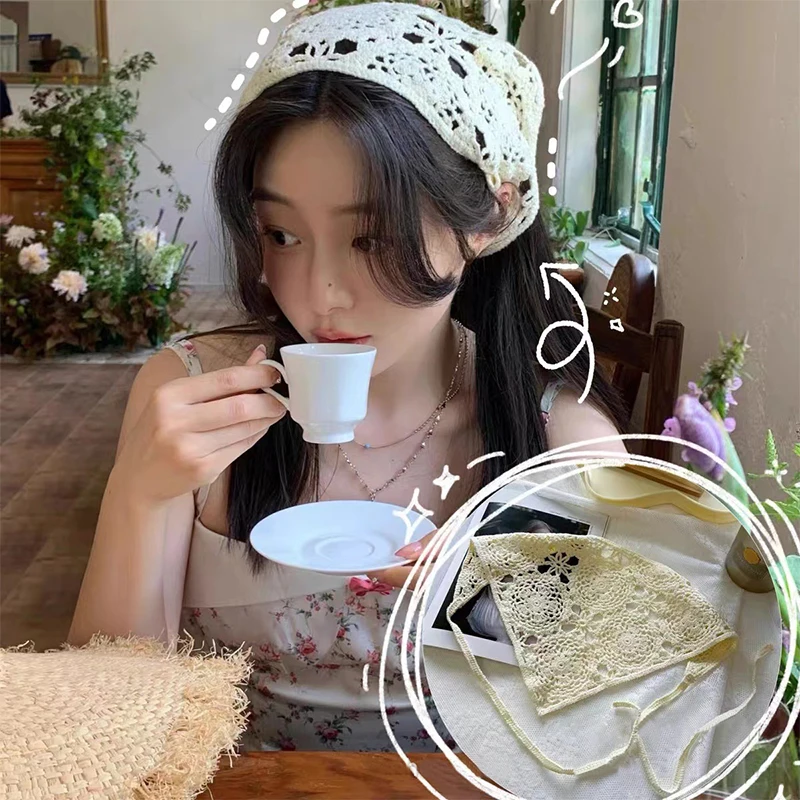 Summer Sweet Retro Solid Color Hollow Embroidery Knitted Triangle Turban For Women image 2