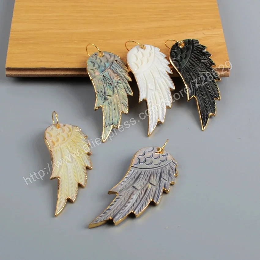 Unique Gold Plated Natural Rainbow Shell Carved Wing Charm For Necklace Making Natural Shell Jewelry Accessories