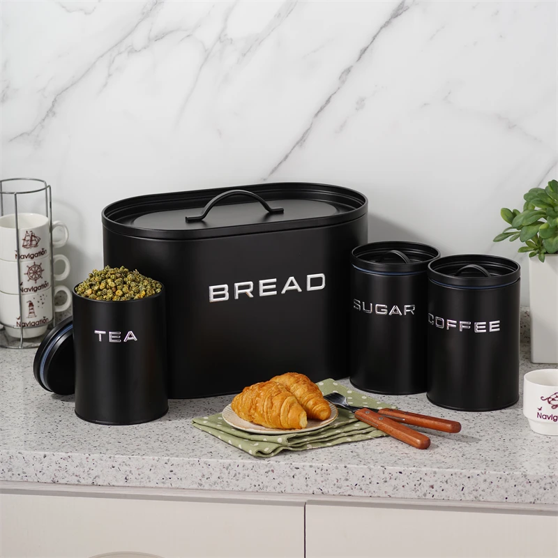 Large Bread Box and 4pcs Set of Containers for Sugary Tea and Coffee for Kitchen Table Storage, Suitable for Pastries, Coffee, B