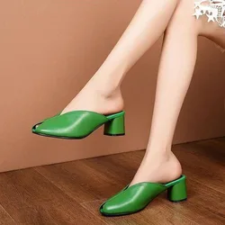 New 2023 Green Slip-on Slippers High Heeled Womens Mules Pumps Peep Toe Square Heel Autumn Casual Sandals Slipper Lady