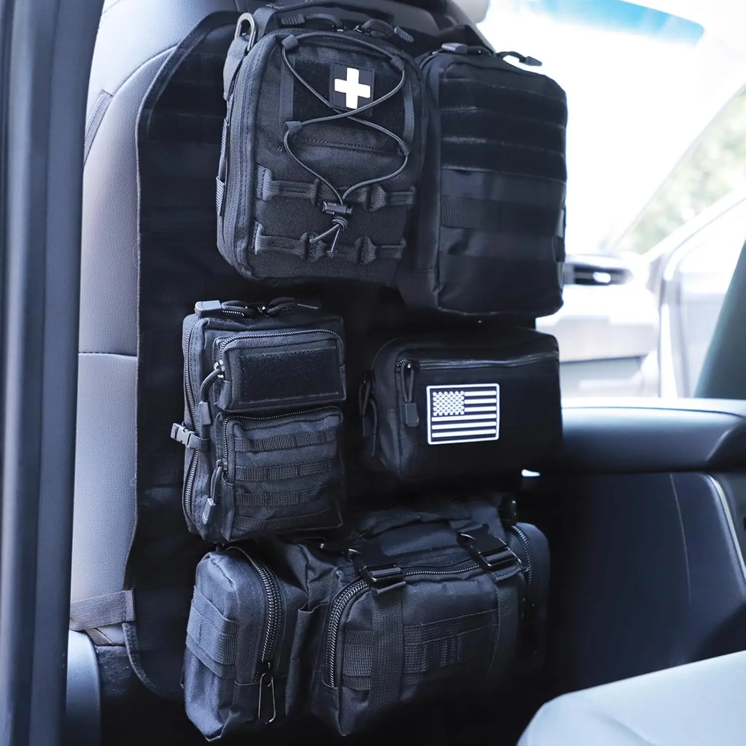 

Universal Tactical Car Seat Back Organizer with 5 Detachable Pouches for Vehicle Storage and Protection