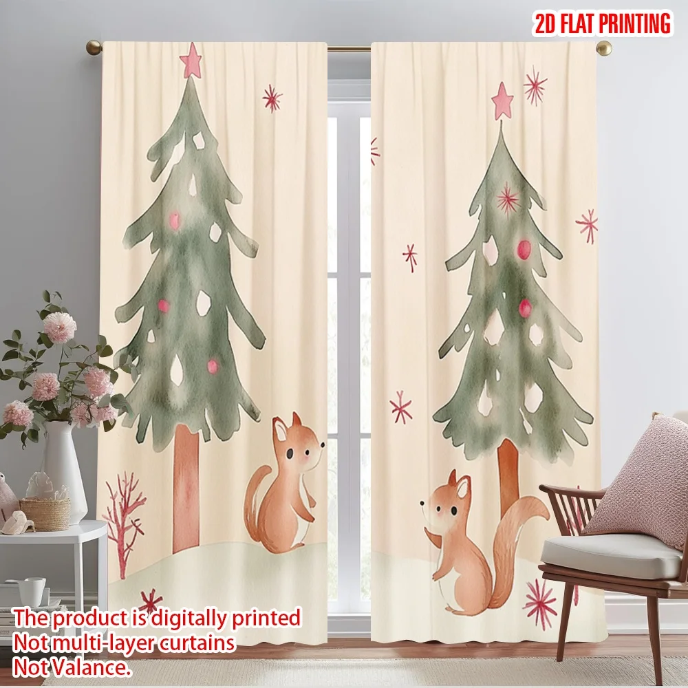 2pcs,2D plane printing Popular Curtain Panels Cute Squirrels Christmas Tree Polyester Fabric (without rod) Holiday for Bedroom,