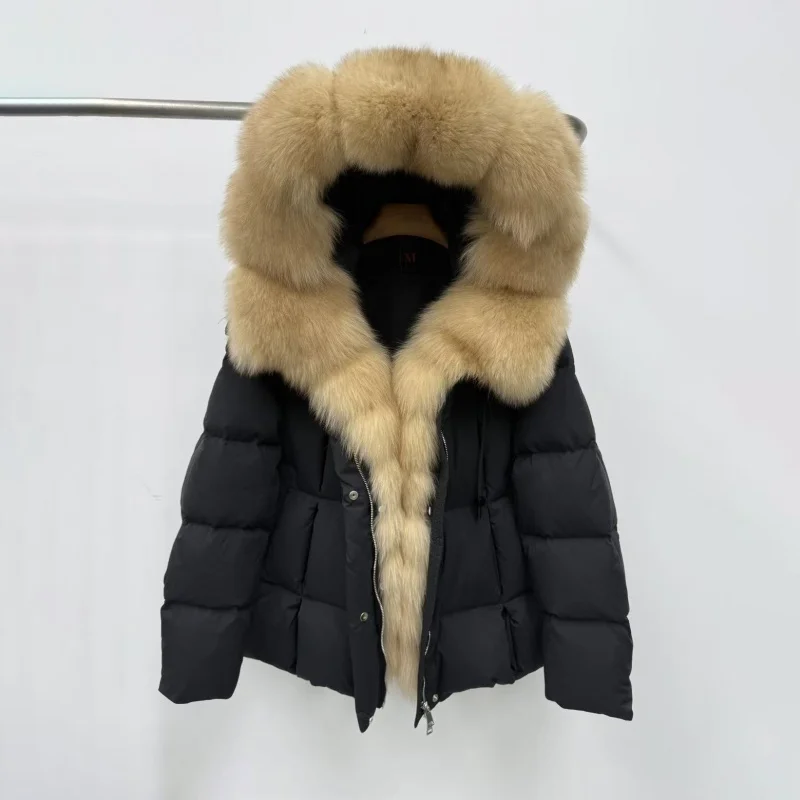2025년 겨울 여성용 폭스 퍼 칼라 플러시 안감 두꺼운 따뜻한 구스 다운 재킷 Y2K 고품질 패션 하이 스트리트 후드 코트