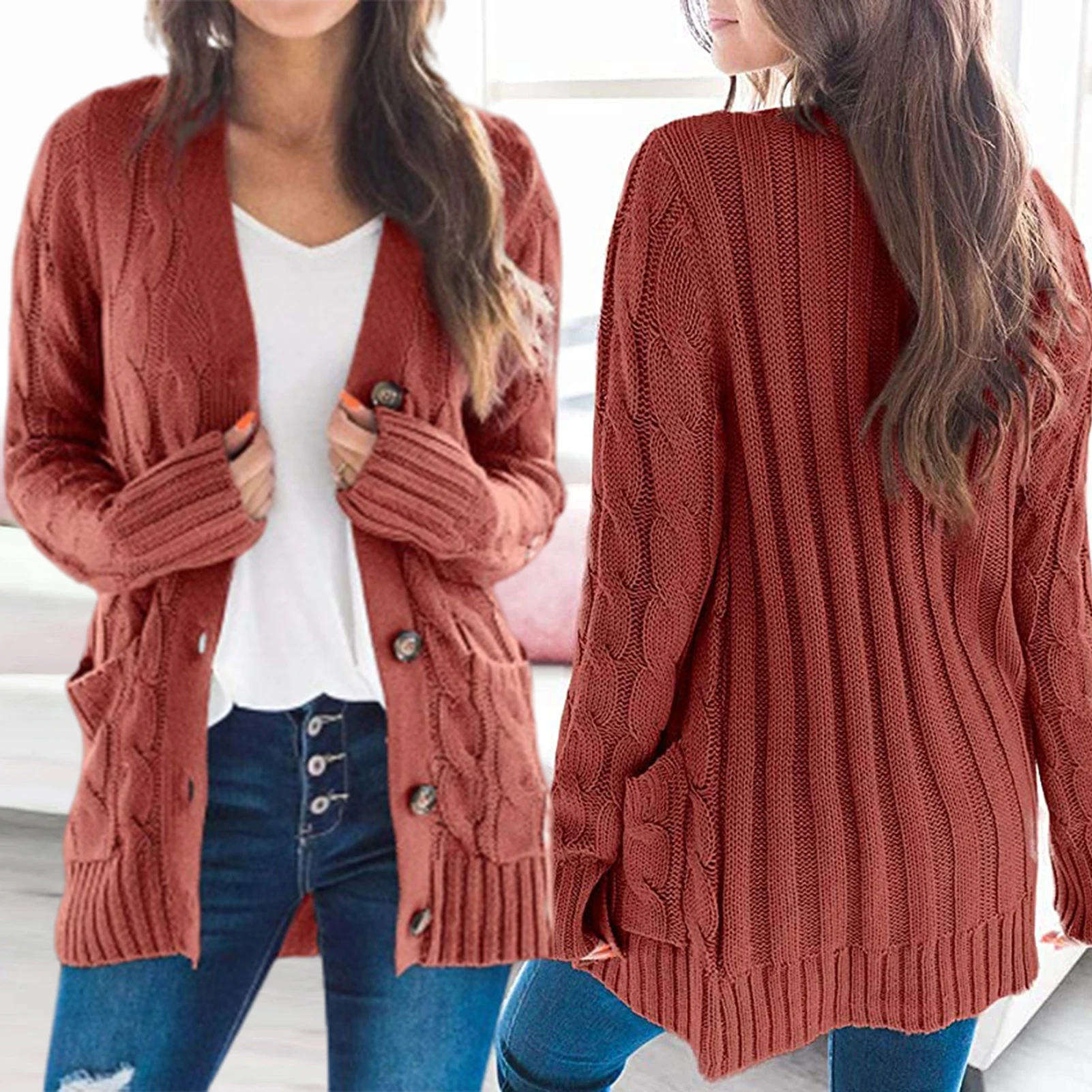 Knit Button Front Cardigan, Casual Solid Long Sleeve Cardigan For Fall & Winter, Women\'s Clothing