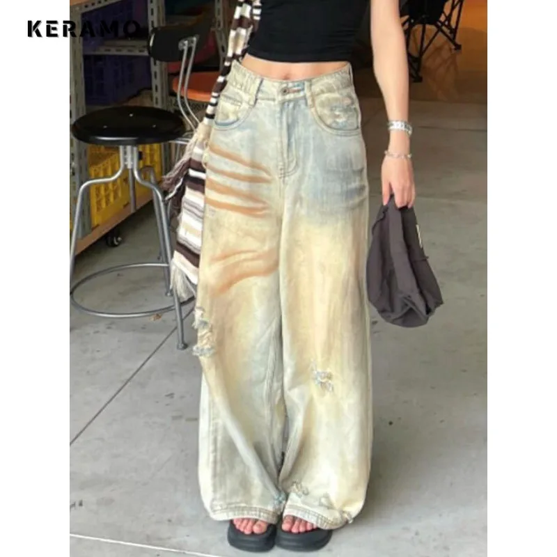 

2024 Summer Women's Casual Retro Ripped Jeans Vintage Aesthetic Loose Washed Pants Y2K Wide Leg Tie Dye Street Denim Trouser