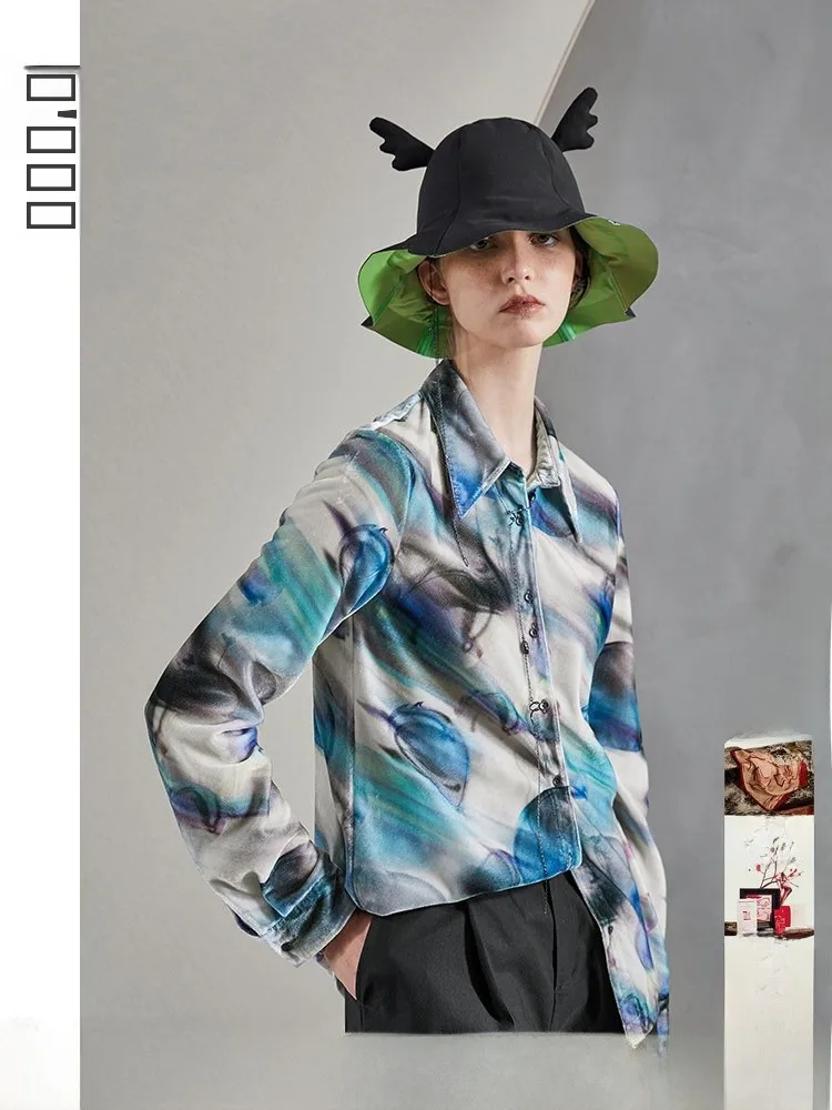 

Original Design Silk Velvet irt Soft Color Blo Print Women's Premium Spring New Sle Collar Long Sve Loose Fit