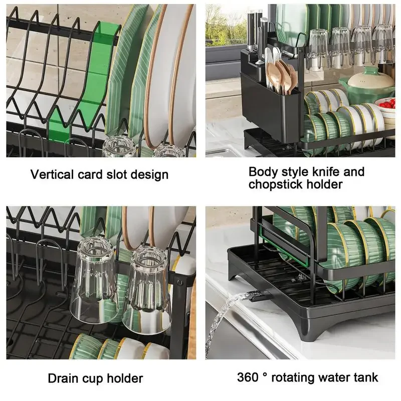 

2 Tier Dish Drying Rack Kitchen Counter Dish Organizer Rack With Drainboard And Utensil Holders Carbon Steel Dish Drainer Set