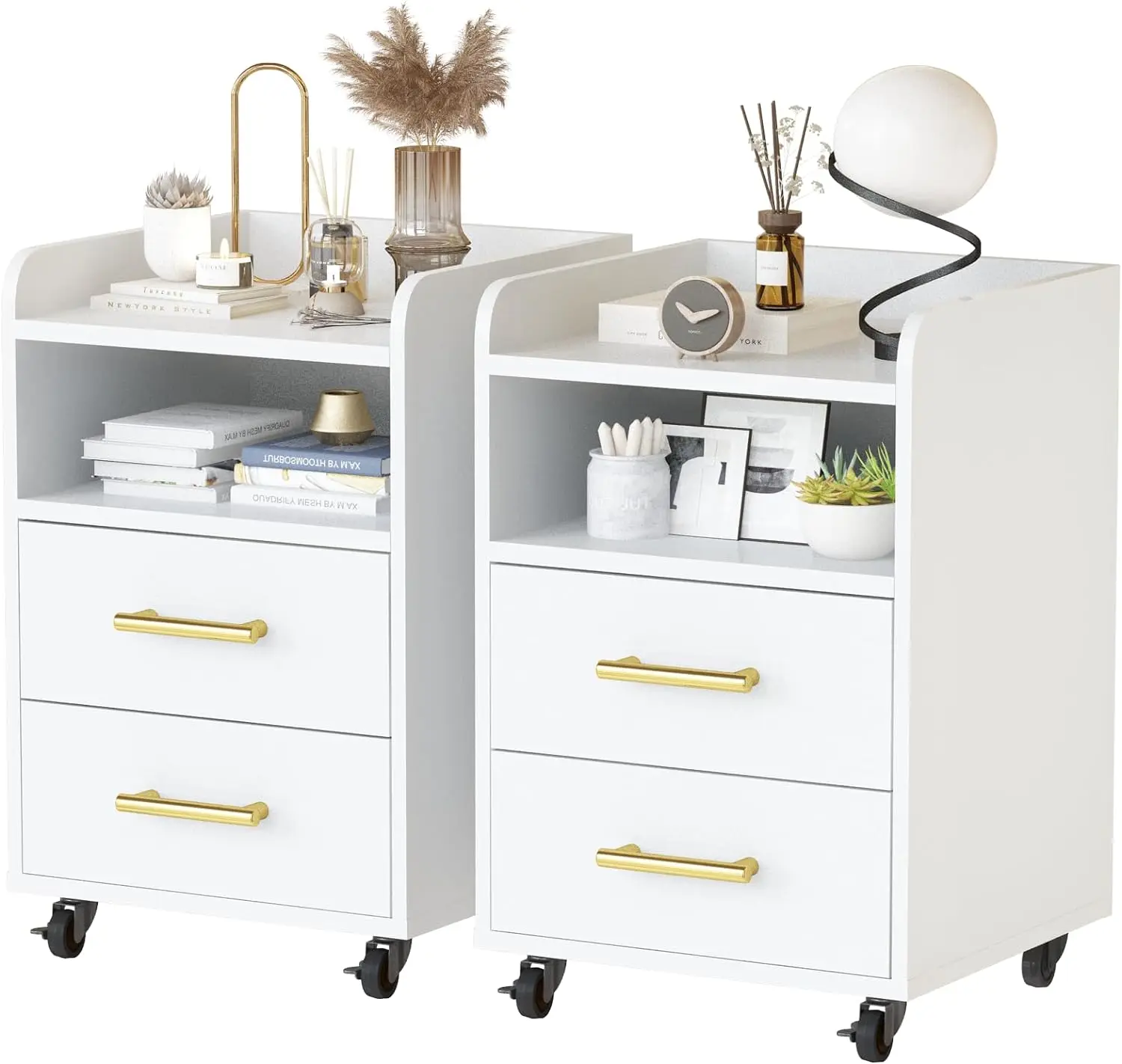 

2 PCS Chest Cabinet with 2 Drawers, Mobile Chest/Dresser of Drawers with Open Shelf,2 Lockable Wheels,15.66" D*15.66" W*21.57" H