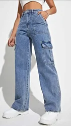 Pantalones vaqueros rectos informales con múltiples bolsillos para mujer, ropa inferior de pierna recta, pantalones vaqueros holgados de cintura alta a la moda para mujer