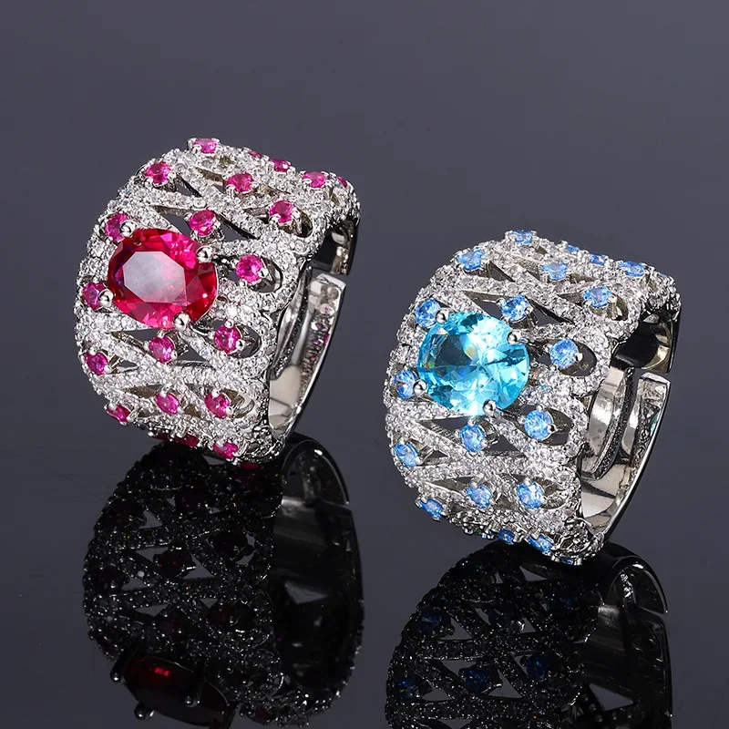 

Luxury 925 Sterling Silver Red/Sea Blue Zirconia Ring for Women,Fashion Wedding Party Jewelry Opened Adjustable Size Top Quality