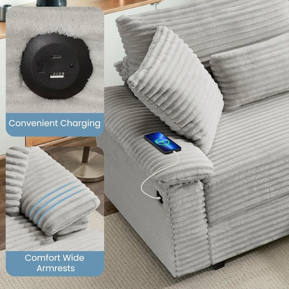 كرسي صالة مزدوج بحجم 74 بوصة داخلي، مقعد Loveseat كبير الحجم مع مسند، أريكة مقطعية سروال قصير مع شحن USB