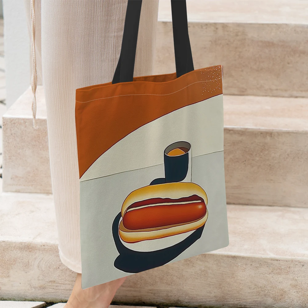 1Pc Daily Bag Coffee Hot Dog Pattern Shoulder Handbags Tote Bag Reusable Portable Handbags For Gym Weekend Beach Travel Grocery