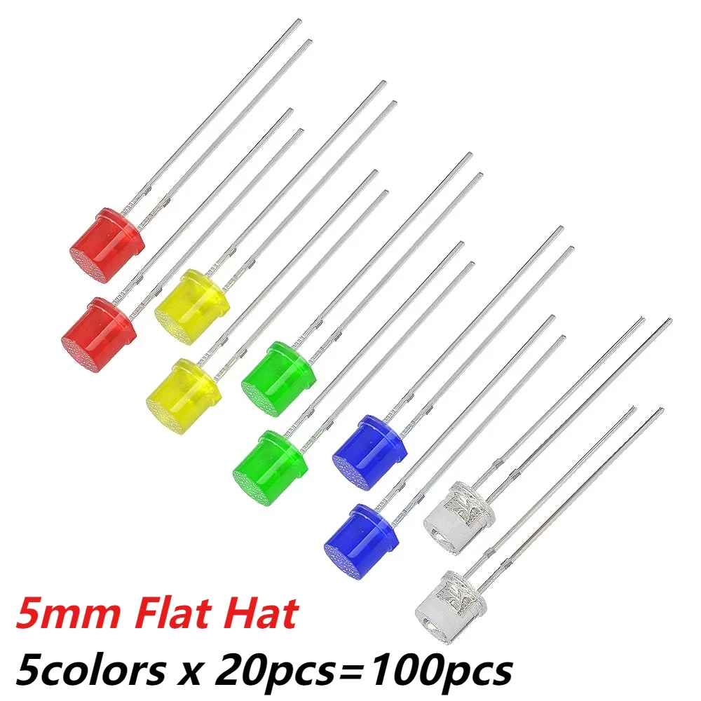 100-500PCS  5MM F5 Flat LED Kit 5 Color Red/Yellow/Blue/Green/White LED Diode Assortment Package for Arduino DIY Electronics
