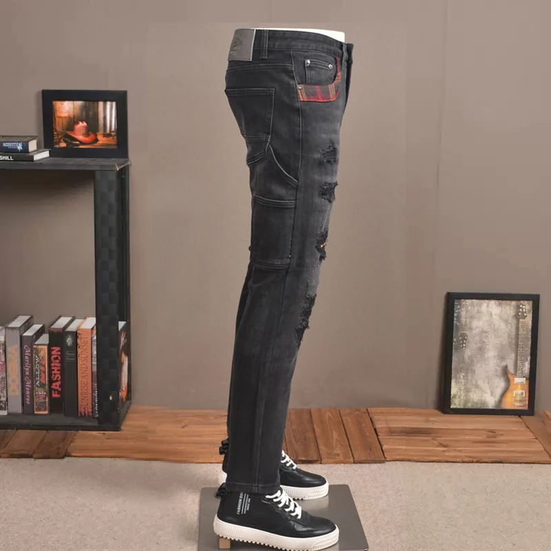 Street Fashion Men Jeans Retro Black Gray Stretch Slim Fit Hole Ripped Jeans Men Patched Designer Hip Hop Denim Pants Hombre