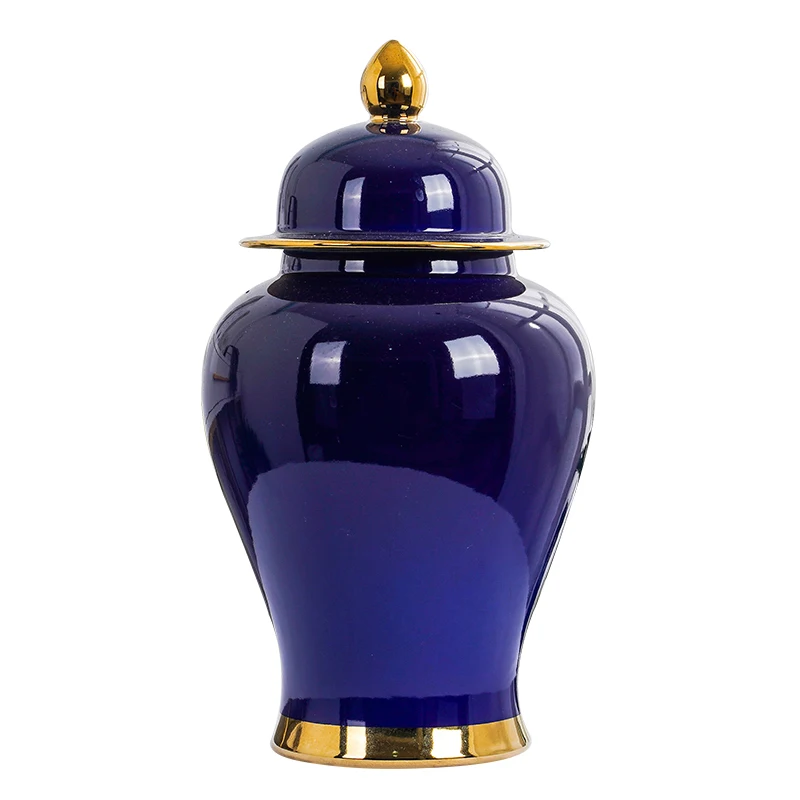 European Style Navy Blue Vase with Golden Edge Lines, Decorative Temple Jar, Large, Hotel, Restaurant, Housewarming Gift