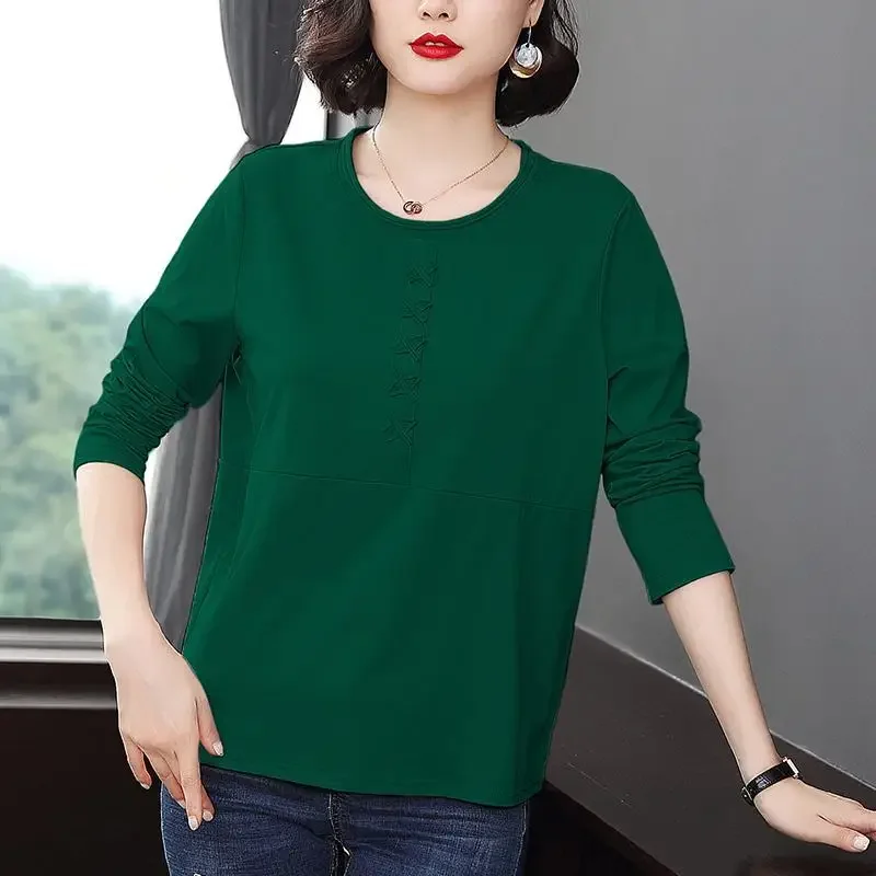 

T-Shirt Mid-Age Loose Top Mom Pure Cotton Long Sleeve