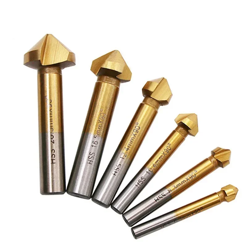 6pcs 6.3MM 8.3MM 10.4MM 12.4MM 16.5MM 20.5MM 90 Degree 3flute Titanium coated Chamfer Chamfering End Mill Cutter Bits HSS Drill