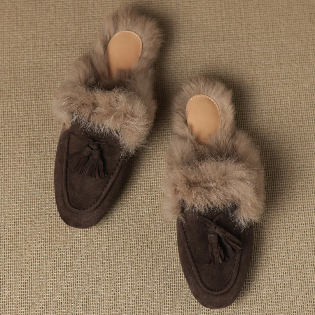 

danxuefei women's natural suede leather round toe rabbit fur inside winter slip-on flats mules casual warm slides shoes woman
