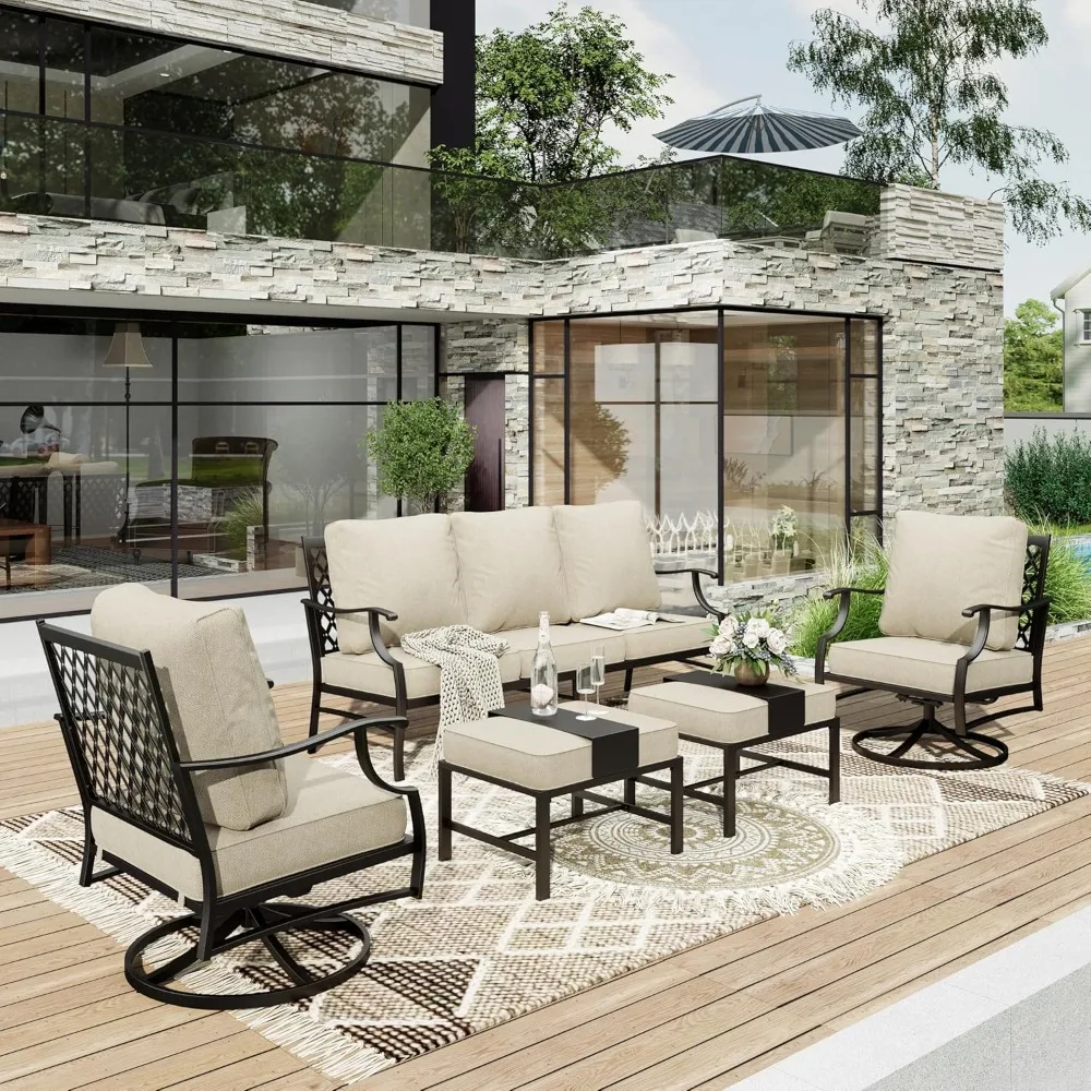 

5 Piece Patio Furniture Set, 2 x Swivel Chair, 2 x Ottoman, 1 x 3-Seat Sofa, All Cushioned 7 Seats Outdoor Conversation Set