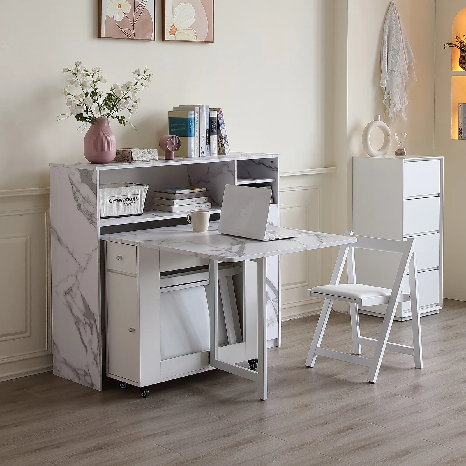 Immagine 6: Armadietto da buffet con portaoggetti, credenza per riporre il tavolo pieghevole, mobiletto da cucina con ripiani, consolle moderna