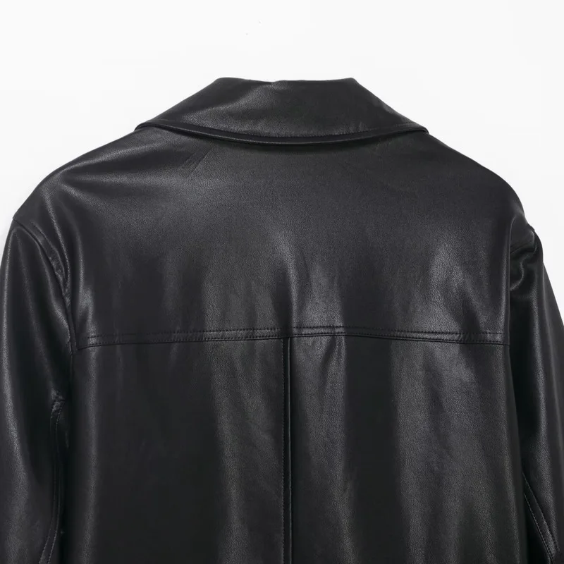 EAEOVNI Black Leather Women's Jacket Lapel Collar Long Sleeve Single Button Fashion Coat Outerwear 2026 New Clothing