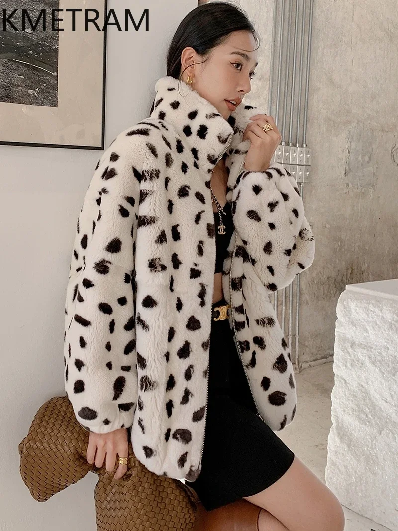 Real Rex Rabbit Fur Coat Women Black and White Leopard Print Fur Jacket 2024 Fashion Winter Clothes Woman New in Outerwears шуба