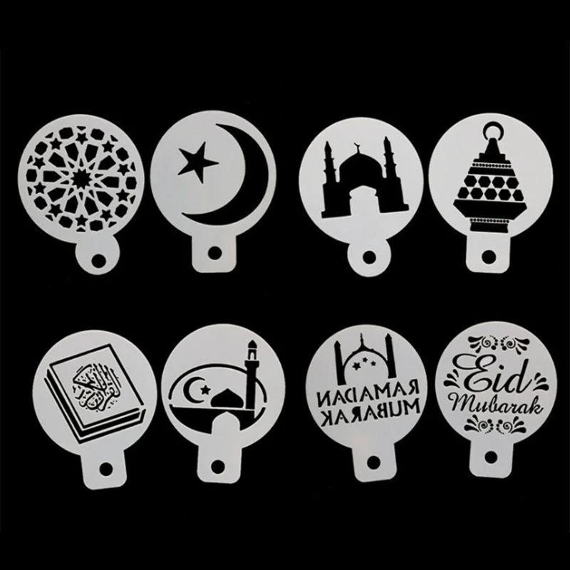 

8pcs/set Eid Mubarak Ramadan Moon Coffee Flower Stencils Cake Mold Decorating DIY Islam Muslim Supplies top sale