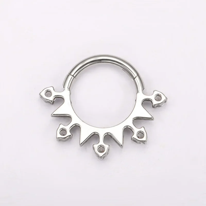 ASTM F136 Titanium Set CZ Fan and Triangle Clicker Piercing Edge Hinged Segment Hoop Ring Body Jewelry Daith Helix Ring Nose