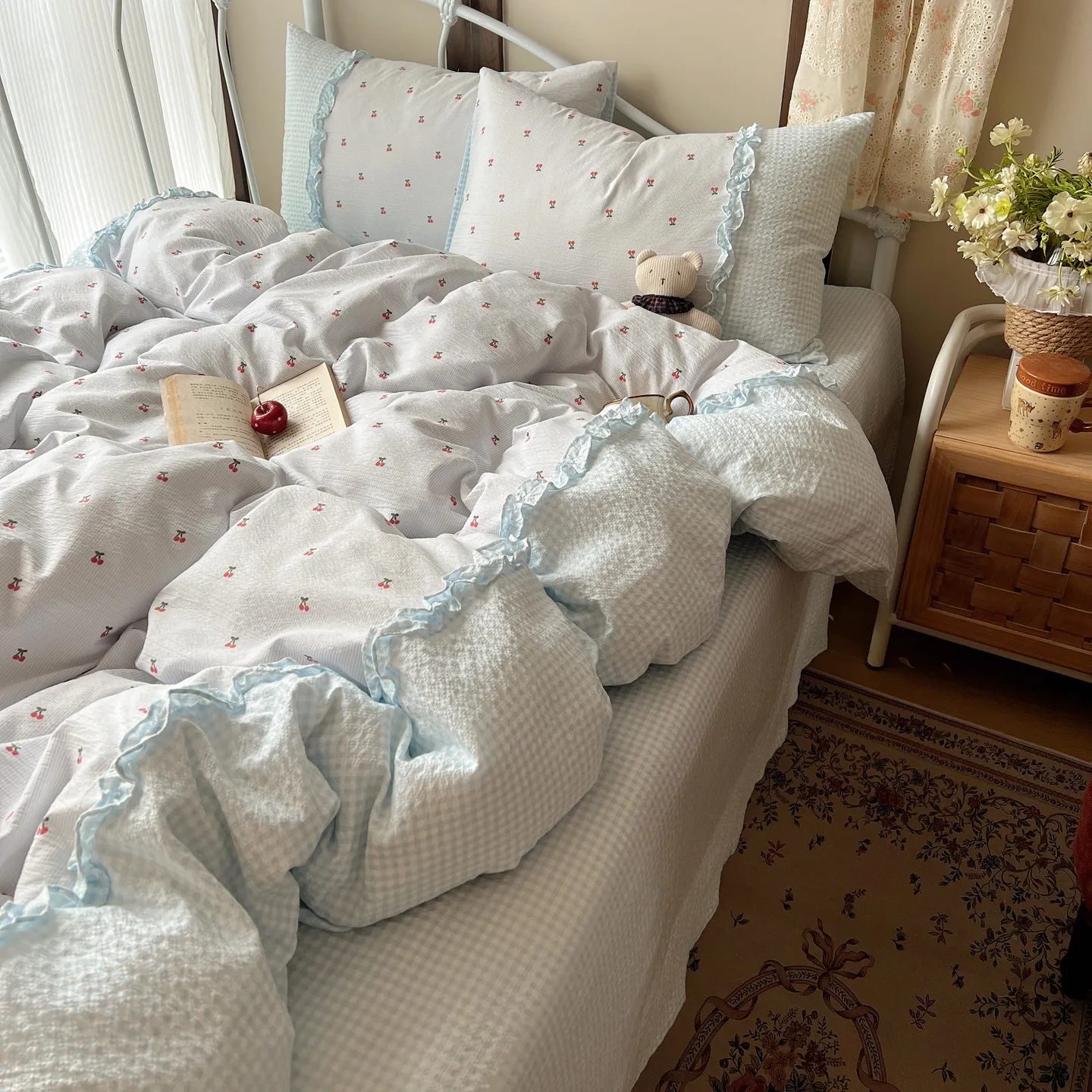 3/4Pcs Bedding Set Princess-Style Blue Plaid Flat Bed Sheet Ruffle Duvet Cover Double Bed Pillowcase Room Summer Comforter Set