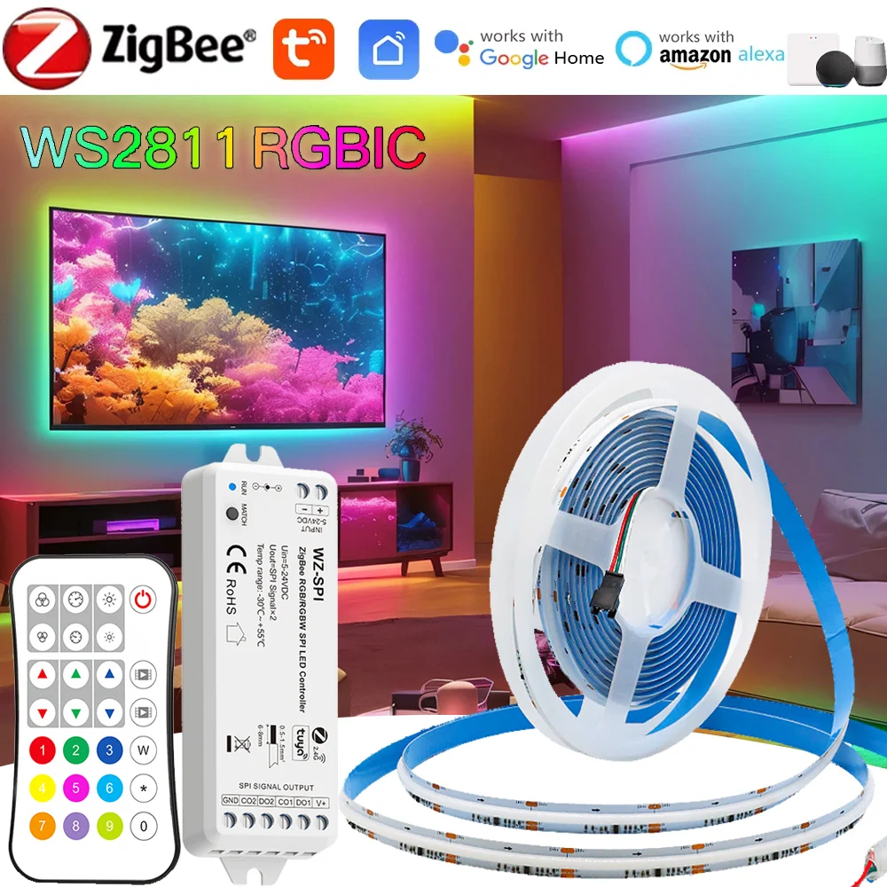 Zigbee 24V RGBIC COB LED Strip Light WS2811 Full Dream Color Tape Addressable Smart SPI FCOB Light RF Remote for Google Alexa