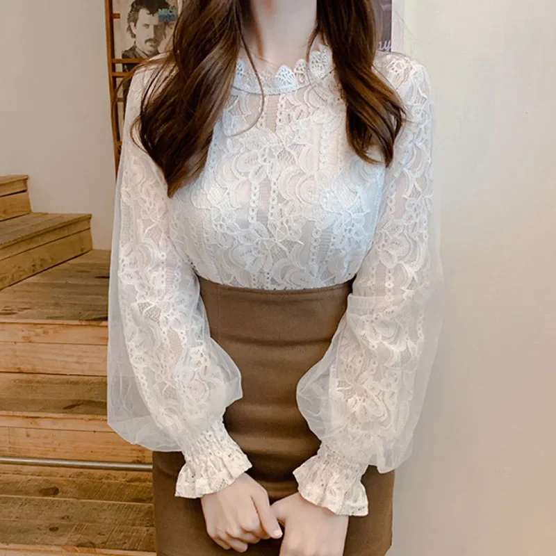 New Fashion Mesh Lace Women Blouse Office Lady Long Sleeve Elegant Shirts Spring Casual Tops