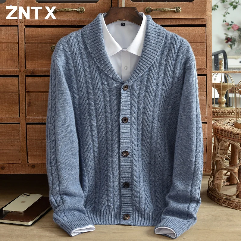 ZNTX Pure cashmere sweater men's cardigan super thick winter warm jacquard lapel casual knit sweater coat Dad suit middle age