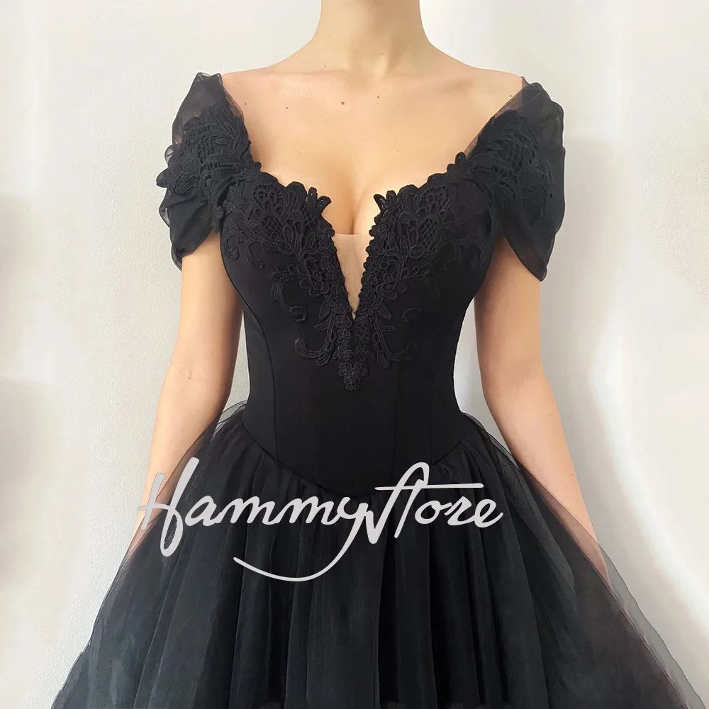 Vestido De novia gótico brillante para novia y mujer, Vestido De novia elegante De manga larga con cuello en V, apliques De línea A, color negro