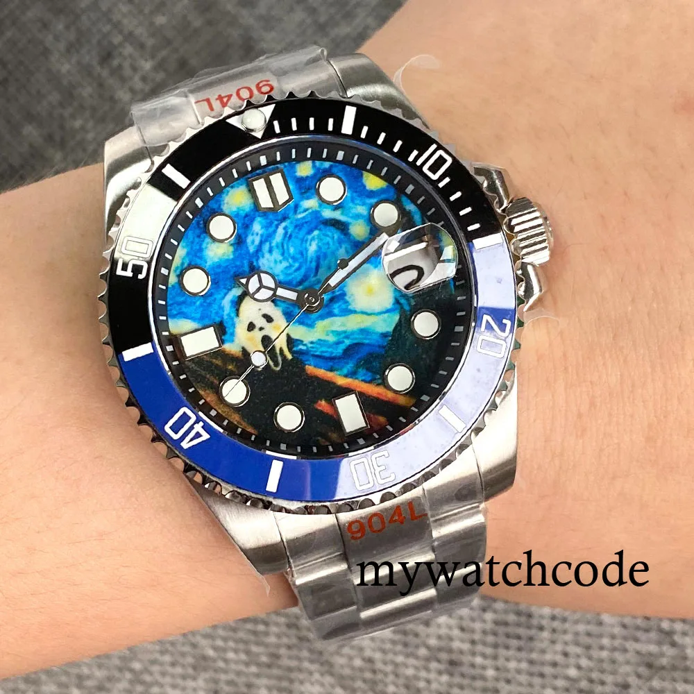 40mm NH35A Luminous Scream Dial Auto data szafirowe szkło automatyczny zegarek męski obrotowy Bezel bransoletka Screwdown Crown