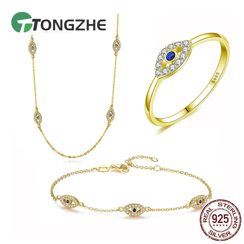 

TONGZHE Lucky Evil Eyes кулон браслет из стерлингового серебра 925 пробы кольцо ожерелье комплект синий камень для женщин Турция ювелирные изделия подарок