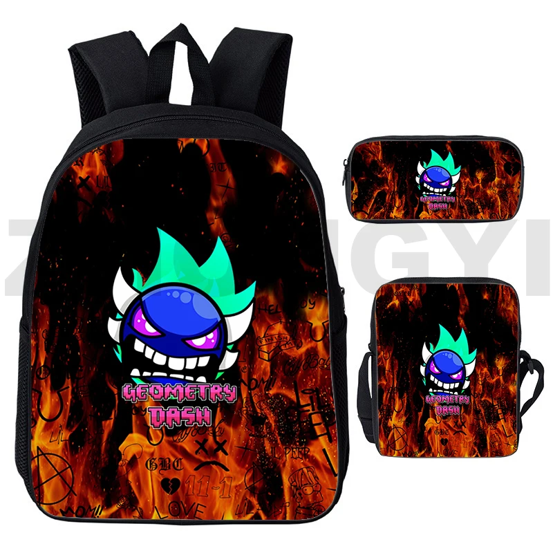 3 Piece Set Angry Geometry Dash School Bags for Teenager Girls Canvas Women Backpack Boys Student Bookbag Pencil Case Handbags