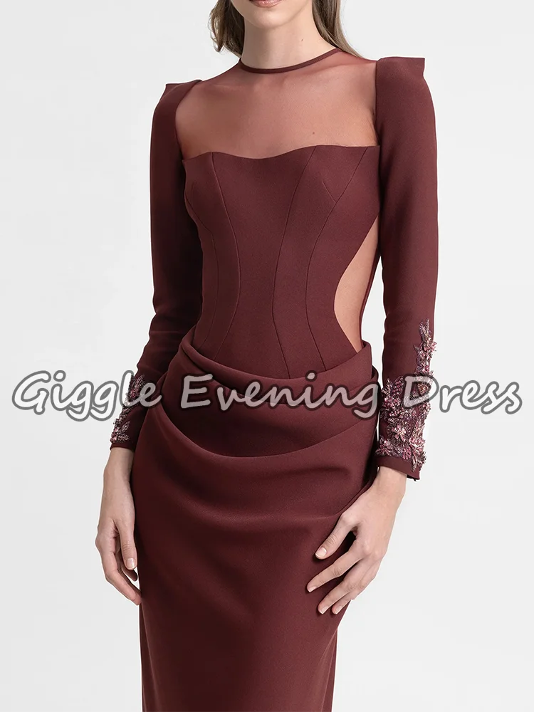 Giggle Dunkelrote arabische Ballkleider mit langen Ärmeln, U-Ausschnitt, Illusionsrücken, sexy Falten, Satin, formelle Abendkleider nach Maß