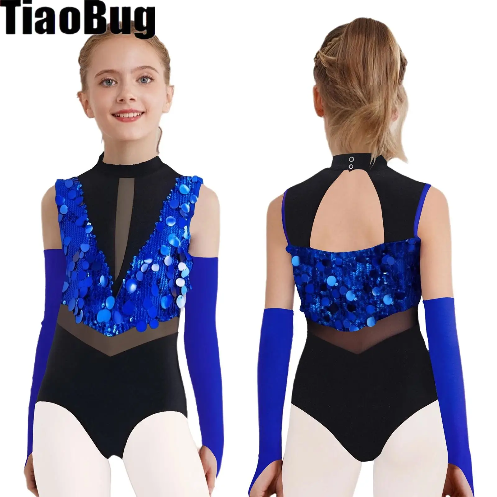 

Girls Sparkling Sequin Ballet Dance Leotard Skating Gymnastics Dance Performance Outfit Sleeveless Bodysuit And Gloves Dancewear