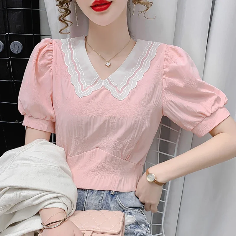 Summer White Chiffon Blouses Womens 2024 Fashion Blue Pink Puff Sleeve Ladies Tops Elegant Korean Sexy Y2k Slim Short Crop Top