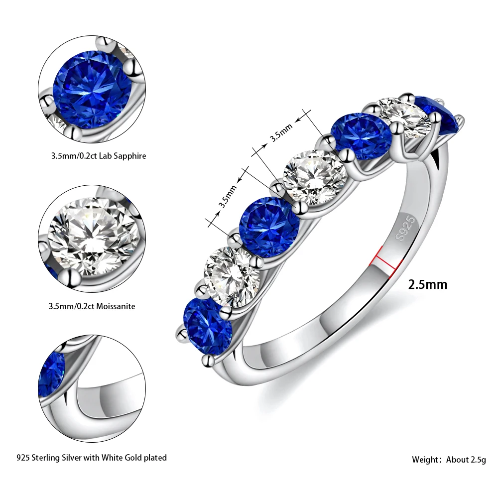 Pretty Beauty 3.5mm Lab Sapphire Ring Moissanite Wedding Band S925 Sterling Silver for Women Colored Gemstone Ring Fine Jewelry