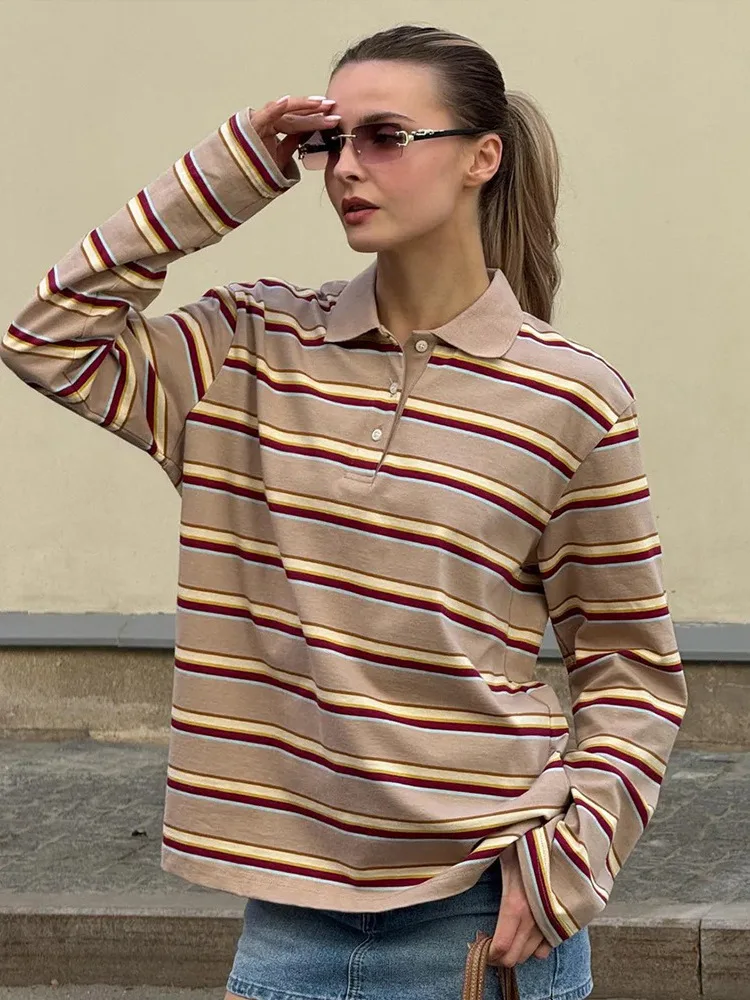 

Faionable Retro Striped Long Sve Women's T-irt Comfortable Loose Fit Polyester Material Thin Design Ladies Top
