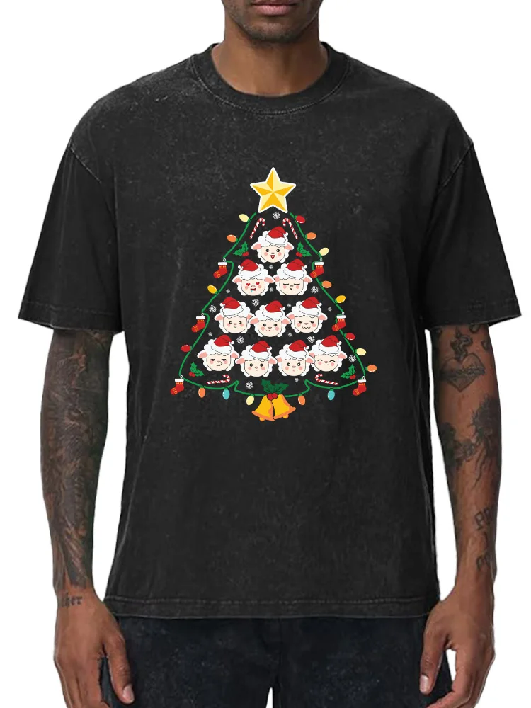 

Christmas Lamb 230g Heavy Cotton Washed Oversized T-Shirt for Men Christmas Graphic Tee Retro Casual Top
