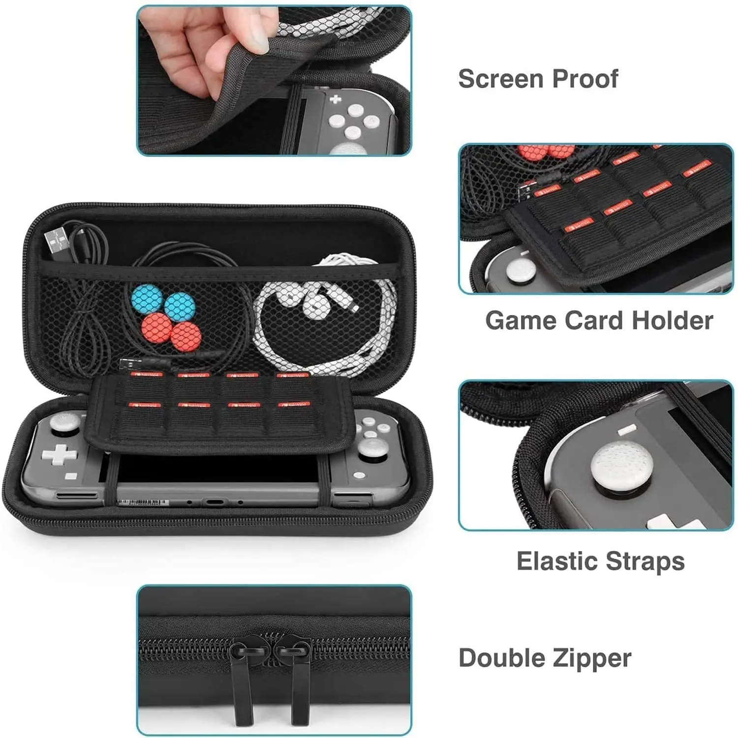 HEYSTOP Compatible with Nintendo Switch Lite Carrying Case with Accessories Kit,Tempered Glass Screen Protector 6 Thumb Grip Cap