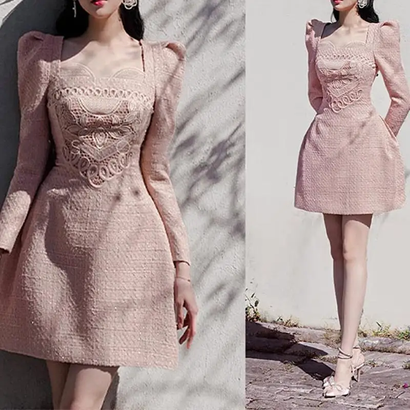 

Sweet Embroidery Square Collar Long Sleeve High Waist A-Line Pink Dress Spring Luxury Tweed Soild Mini Dress 2024 Korean Clothes