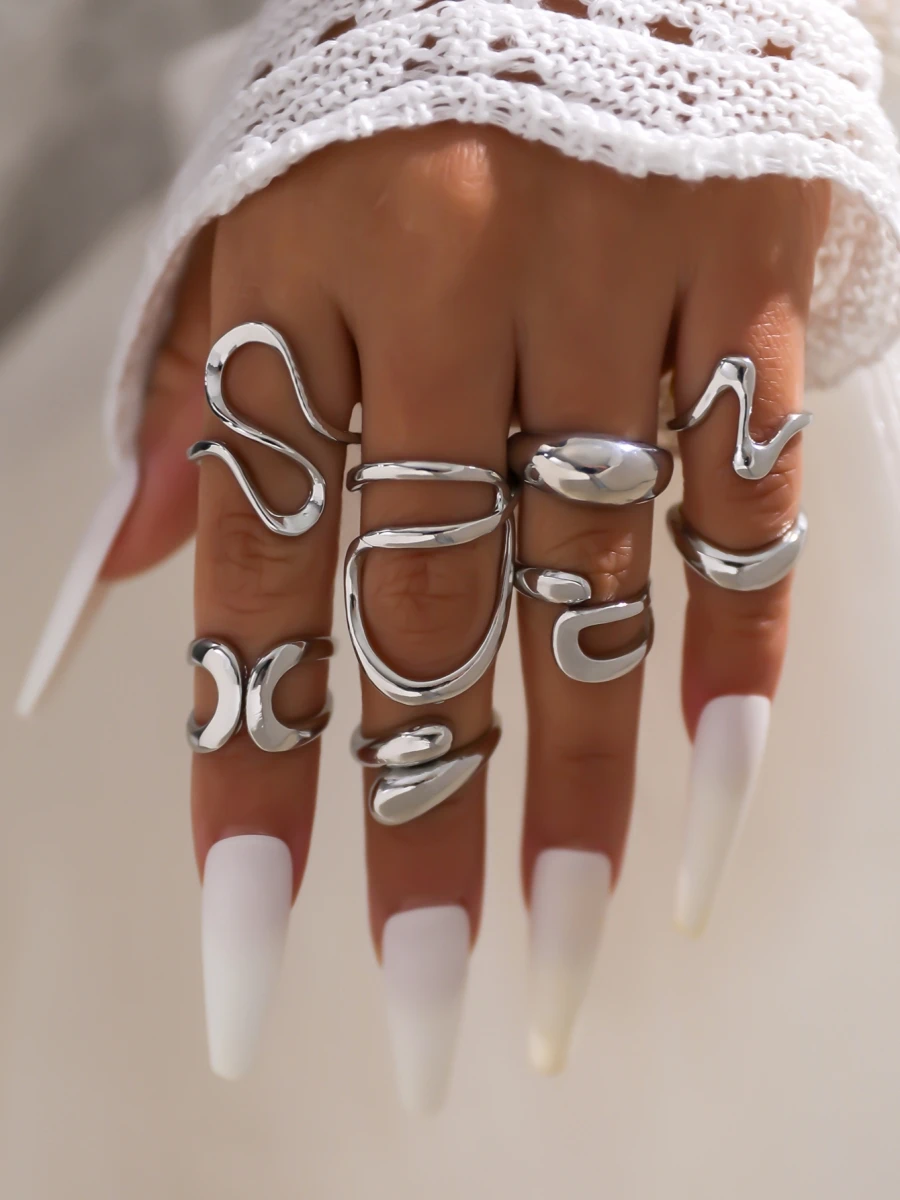 8 pièces/ensemble, bagues à lignes irrégulières à l'effet goutte d'eau, pour femmes et hommes, style punk exagéré, rétro, bohème, bijoux tendance, cadeaux