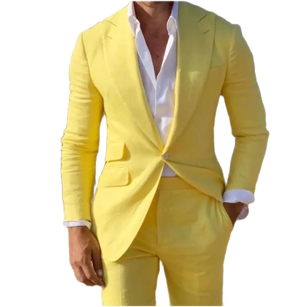 

Summer Beach Men Suits Slim Fit 2 Pieces Tuxedo Yellow Peaked Lapel Costume Blazer With Pants Wedding Groom Prom Male Clothing