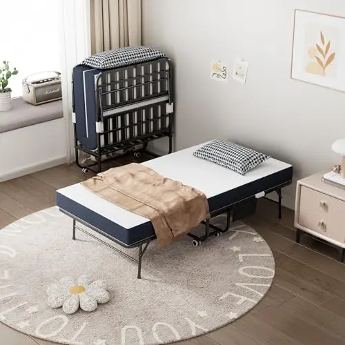

Compact 5-Inch Memory Foam Folding Bed For Adults, Metal Frame With Wheels, Space-Saving Rollaway Guest Bed