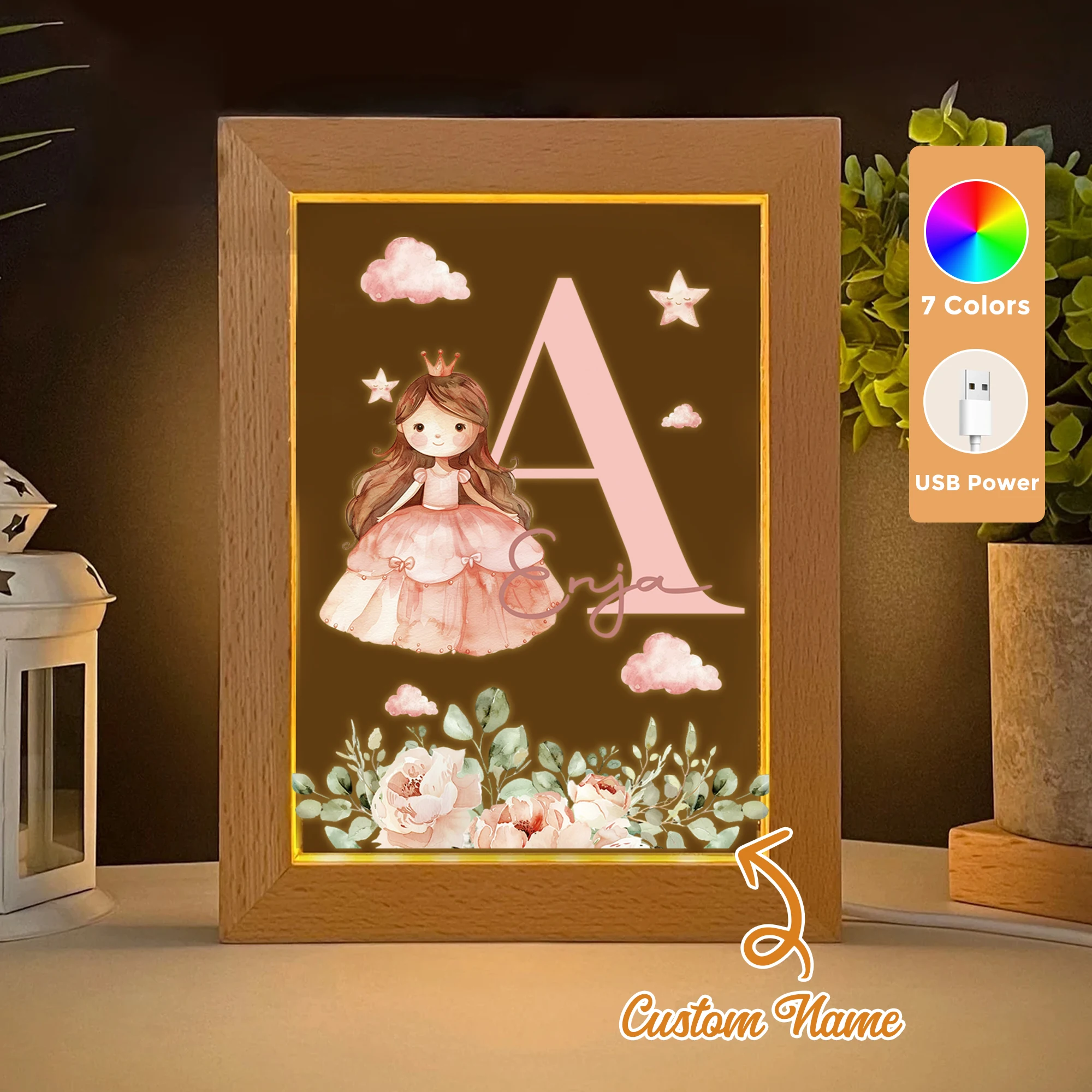 

2D Flat Custom Name Cloud Girl LED Acrylic Night Light Wood Photo Frame 21x17cm Cartoon Children Bedroom Gifts Home Decor Gift
