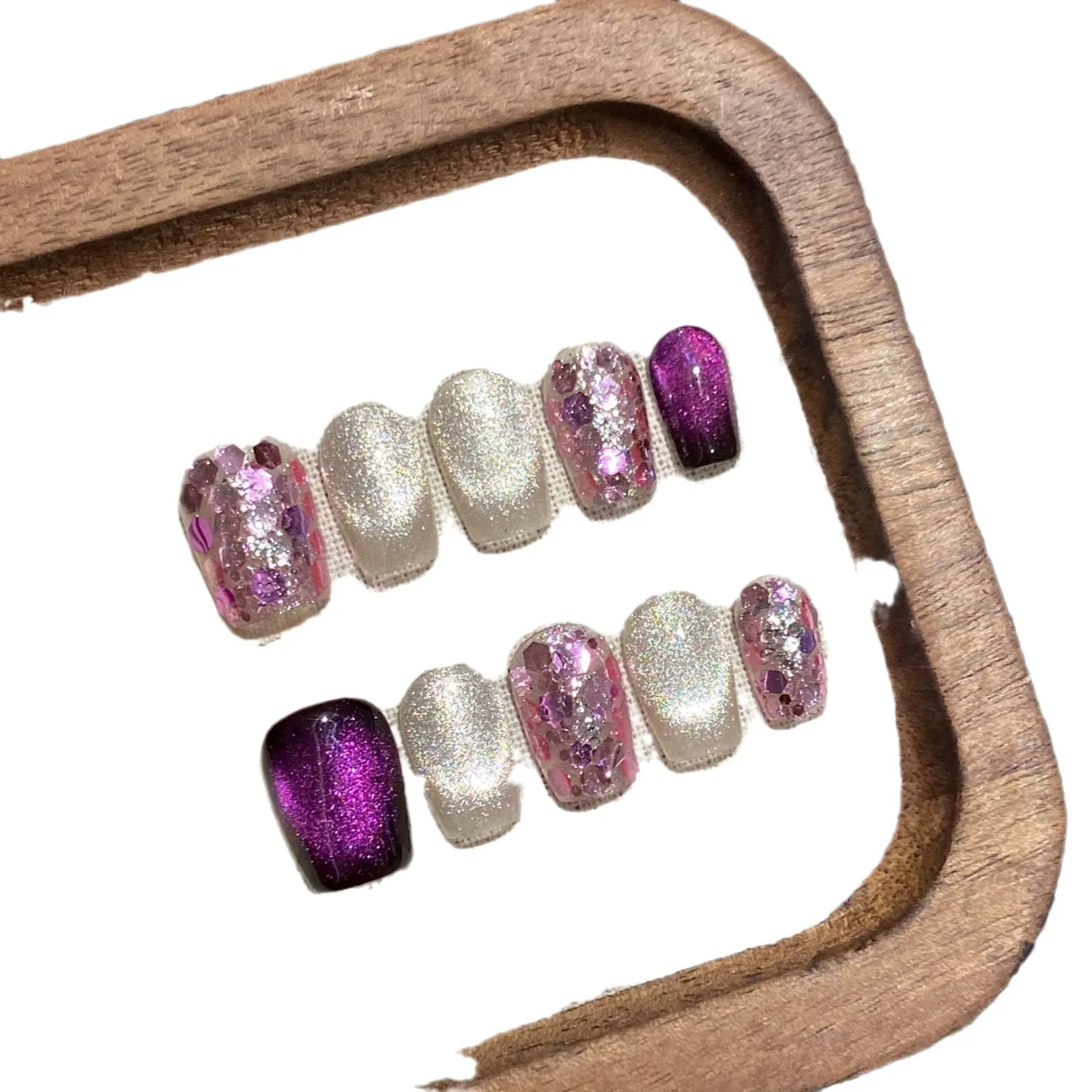 10 pezzi fatti a mano francese glitter viola occhio di gatto stampa sulle unghie corte quadrate lucide design con paillettes unghie finte indossabili consigli per nail art ﻿