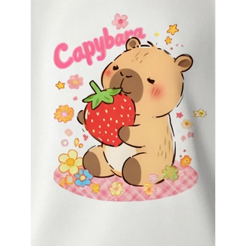 2025 سترة كابيبارا اللطيفة للفتيات تحمل طباعة الفراولة ورقبة دائرية #6